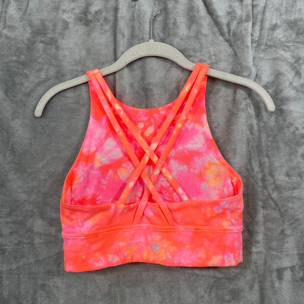 Lululemon Energy Bra High Neck Long Line Size 6 Grapefruit Pink Crossback - Picture 2 of 6